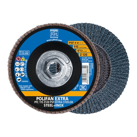 4-1/2 X 5/8-11 Thd. POLIFAN® Flap Disc - Z PSF EXTRA STEELOX, Zirconia, 120 Grit, Conical